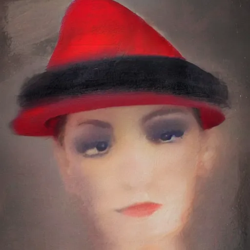 Prompt: half - length portrait of girl in a red hat and black dress, fine art portrait photography by sarah moon, volumetric lighting, very detailed, high resolution,
