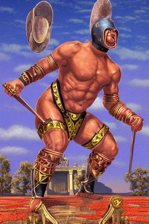 Prompt: Artwork by Tim White of the Legendary Gladiator Of Deeds, Perfect Symmetry