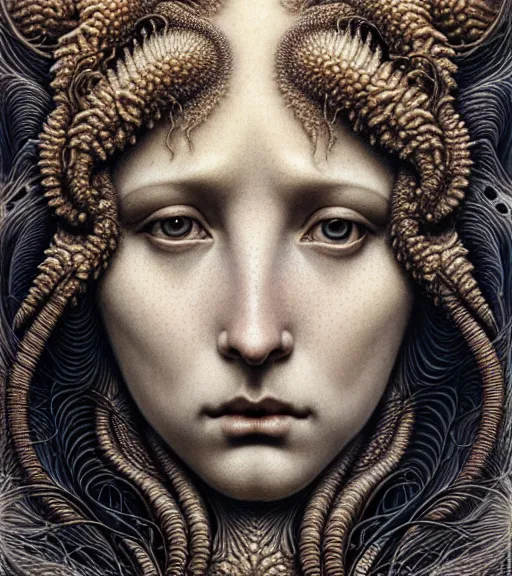 Image similar to detailed realistic beautiful drake goddess face portrait by jean delville, gustave dore, iris van herpen and marco mazzoni, art forms of nature by ernst haeckel, art nouveau, symbolist, visionary, gothic, neo - gothic, pre - raphaelite, fractal lace, intricate alien botanicals, ai biodiversity, surreality, hyperdetailed ultrasharp octane render