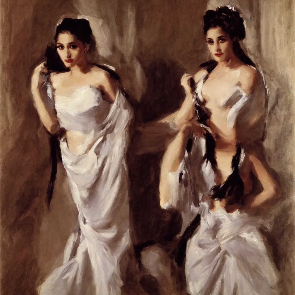 Prompt: portrait, sensual depiction of ariana grande in a toga, black eyes, by john singer sargent