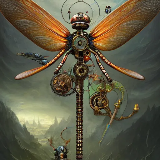 Image similar to hyperreal ultra detailed intricate mechanical clockwork dragonfly by peter mohrbacher and dan mumford, cgsociety, volumetric light