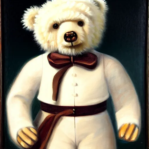 Image similar to head and shoulders portrait painting of a white teddy bear wearing a colonial outfit looking off camera, a character portrait, american romanticism, oil on canvas, diffused lighting