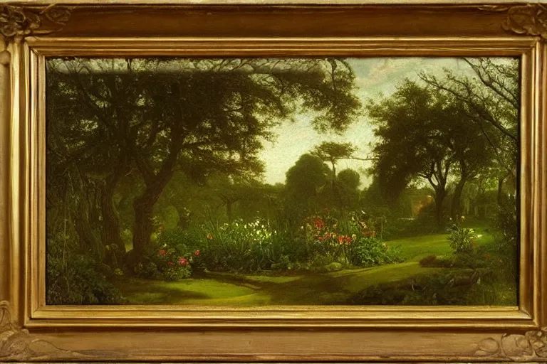 Prompt: secret garden, lush, floral, botanical, romanticism, ( ( ( dark ) ) ) moody, hudson river school