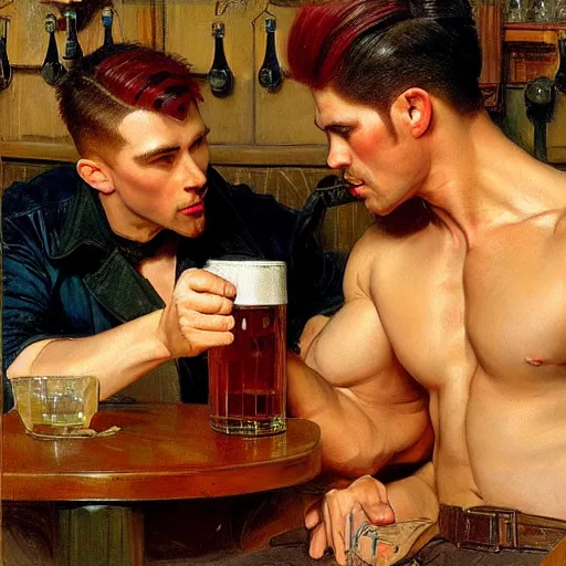 Image similar to attractive muscular male with red hair and muscular attractive male with black hair, drinking their hearts out, in a pub. very defined and highly detailed painting by j. c. leyendecker, gaston bussiere, craig mullins 8 k