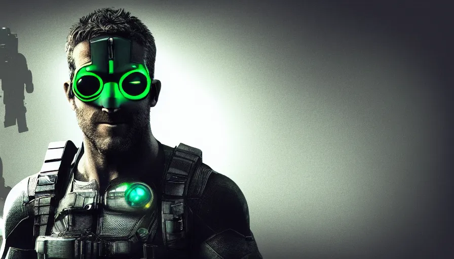 Image similar to ryan reynolds is sam fisher from splinter cell, black background, hyperdetailed, artstation, cgsociety, 8 k