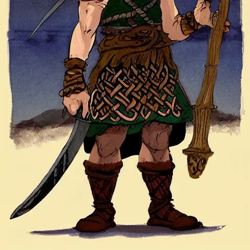 Prompt: full body character design reference art of Eoghaill of the Murine Hordes, a male La Tene Culture Celtic chieftain and warrior, resplendent and proud of bearing, long black hair, hirsute and muscled, wielding a Celtic longsword. Has a rat familiar. high quality, high detail, realistic painting, in the style of: Angus McBride, Rebecca Guay, and Michael William Kaluta. photorealistic light.