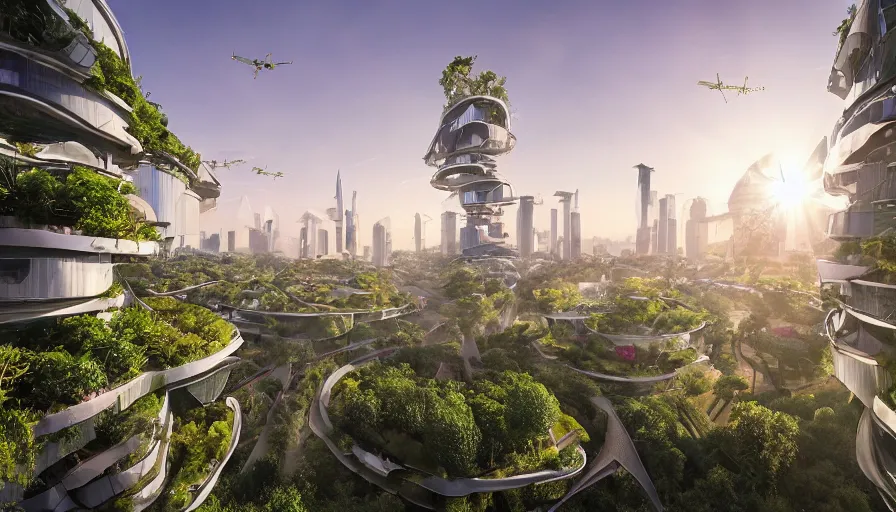 Prompt: Sunrise over solarpunk city, many trees and plants, futuristic flying vehicles and drones, archdaily, architectural digest, busy streets filled with people, sun rays, vines, vertical gardens, utopia, beautiful glass and steel architecture, extreme detail, futuristic