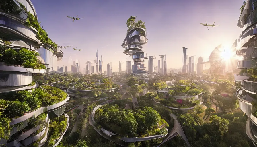 Solarpunk city with lush greenery and glowing sun