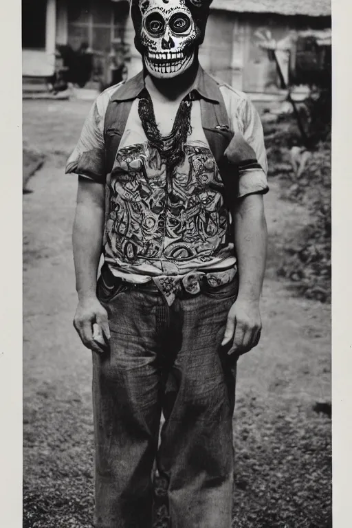 Prompt: vintage 35mm photo portrait of a man wearing a traditional day of the dead masks in the style of Gregory Crewdson