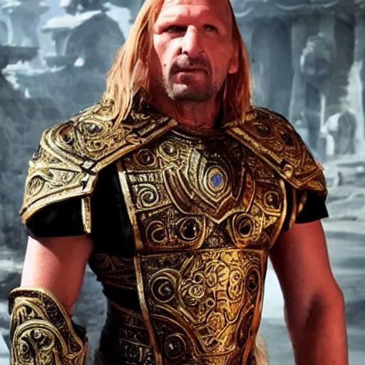 Prompt: triple H cosplaying sotha sil