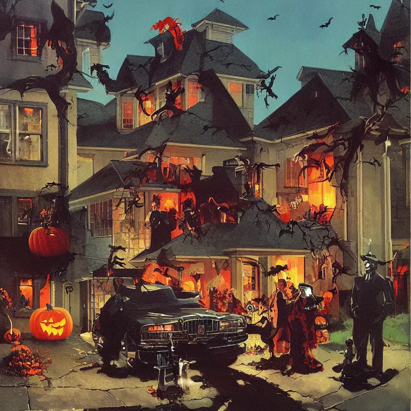 Prompt: a framed painting of a halloween scene in a suburban neighborhood.. highly detailed science fiction painting by norman rockwell, frank frazetta, and syd mead. rich colors, high contrast, gloomy atmosphere, dark background. trending on artstation