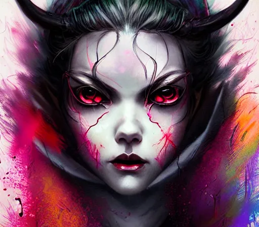 Image similar to a Demon Slayer FAN art portrait ofNezuko Demon form ,by Stanely Artgerm,Tom Bagshaw,arthur adams,Carne Griffiths,trending on DeviantArt,street art,face enhance,chillwave,maximalist,full of color,glittering