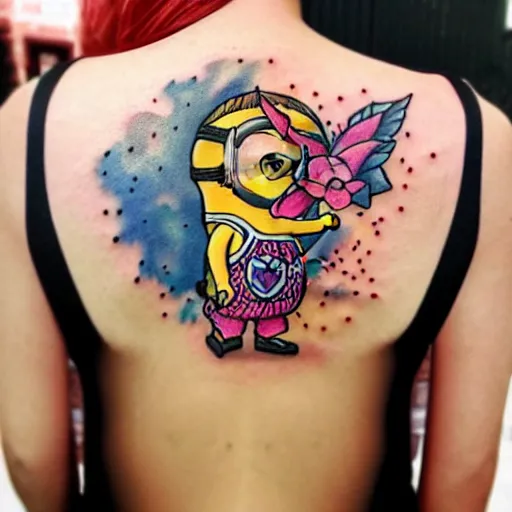 Prompt: tattoo of female on minion back, epic, colorful, beautiful, intricate detail