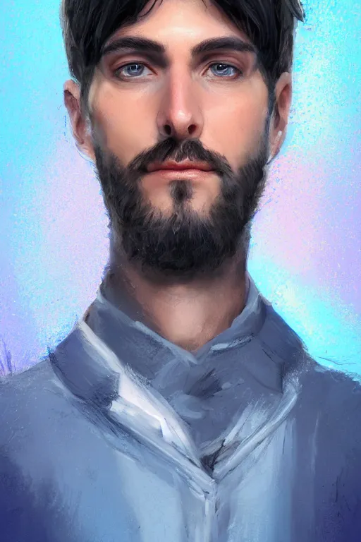 Image similar to portrait of a handsome man with black hair with sparkling blue eyes, art by Tomasz Ryger, Pablo Dobarro and Max Kostin, stylized, detailed, pastel colors, warm tones, Trending on artstation, artstationHD, artstationHQ, 4k, 8k