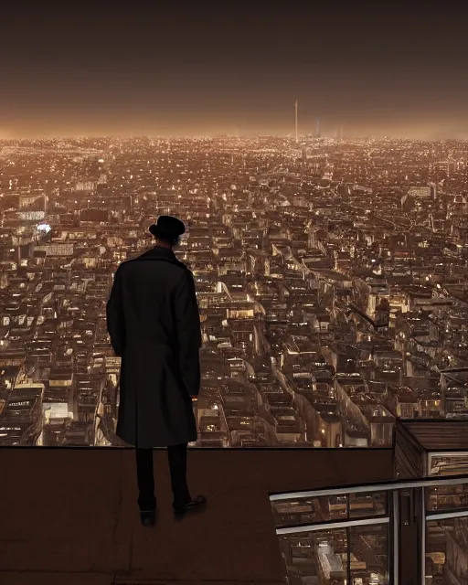 Image similar to a night rooftop scene, close up shot of a photorealistic gangster wearing a trench coat looking at the city below, unreal engine, hyper realism, realistic shading, global illumination