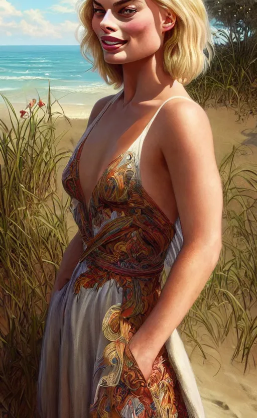 Prompt: A beautiful Margot Robbie wearing a sundress on the beach, D&D, fantasy, intricate, elegant, highly detailed, digital painting, artstation, concept art, matte, sharp focus, illustration, art by Artgerm and Greg Rutkowski and Alphonse Mucha