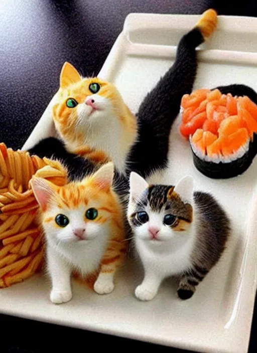 Image similar to clear photorealistic picture of adorable cats made out of sushi