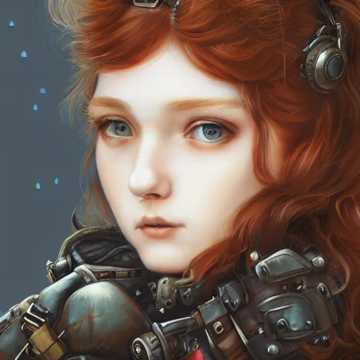 Image similar to portrait of a girl by ayami kojima, scottish, she is about 2 0 years old, wavy redhead, annoying little sister vibes, she is wearing a steampunk tactical gear, highly detailed portrait, digital painting, artstation, concept art, smooth, sharp foccus ilustration, artstation hq