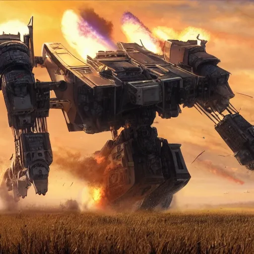 Prompt: an ultra - detailed realistic cinematic shot of an mech fighting it's final battle against an onslaught of explosions on the plains of the american midwest, mechwarrior, hyper realism, highly detailed, art, 8 k