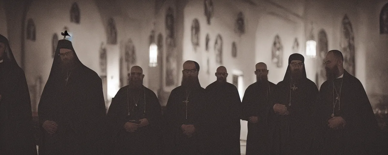 Prompt: three orthodox priests with cute caracal faces, in orthodox church, orthodox icons, volumetric lighting, twilight, dramatic, noir, blur, bokeh, cinematic, shallow depth of field, 8 0 mm, f 1. 8