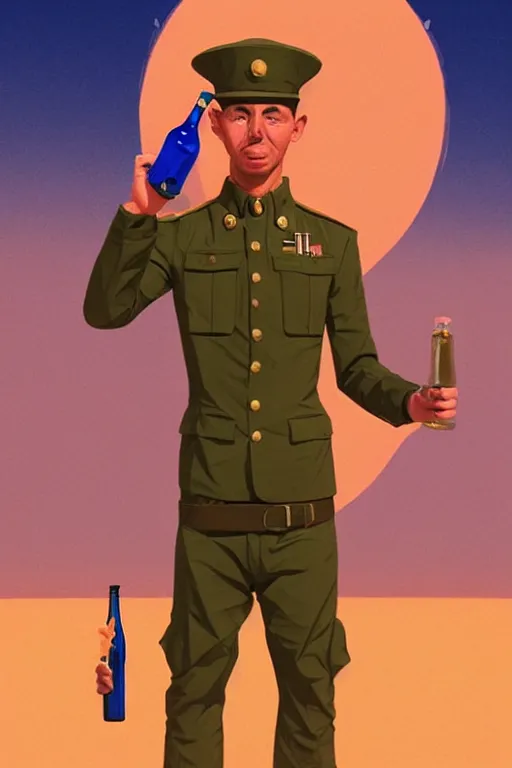 Image similar to funny drunk soldier with bottle in his hand in the desert, smooth face, centered median photoshop filter cutout vector behance hd by artgerm, jesper ejsing, by rhads, makoto shinkai and lois van baarle, ilya kuvshinov, rossdraws, illustration, art by ilya kuvshinov and gustav klimt