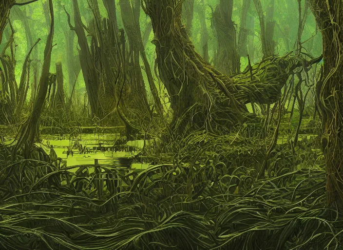 Prompt: a swamp with vines, hidden overgrown ruins, moebius, detailed, digital art, trending on artstation