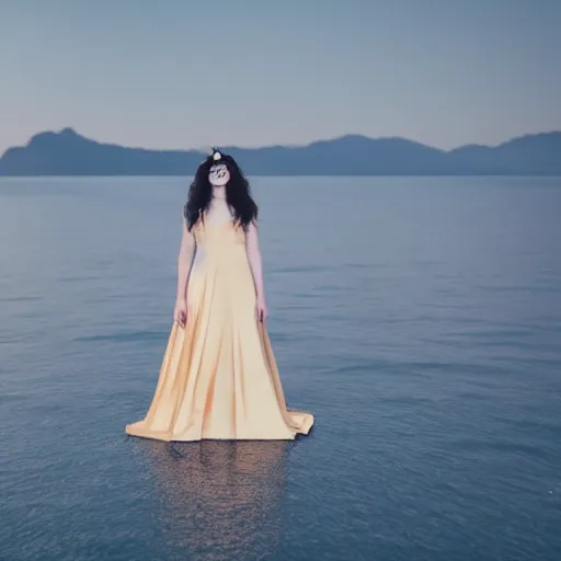 Image similar to lorde with a velvet crown and black gown standing on a raised translucent platform in the middle of the sea, night time with milky way in the sky. cinematic, 3 5 mm film, sharpness, nostalgic and melancholic 4 k, 8 k