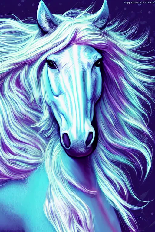 Image similar to digital horse, retrowave palette, highly detailed, anatomically correct equine, synth feel, smooth face, ear floof, flowing mane, no reins, super realism, accurate animal imagery, 4 k digital art