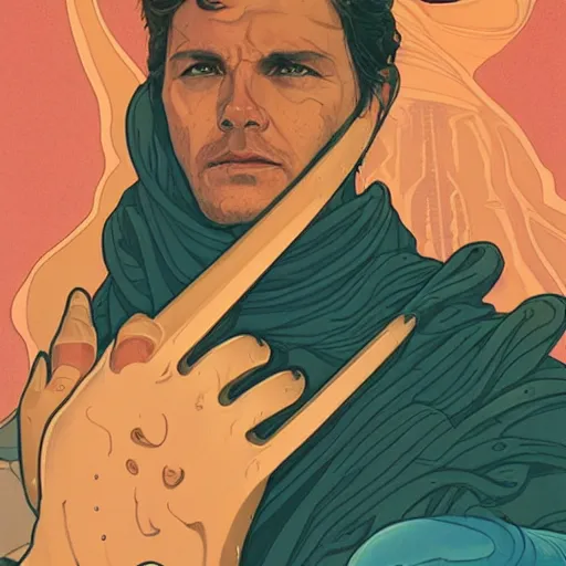 Image similar to majestic dune themed paul atreides messianic tarot card by sachin teng, moebius, artgerm, alphonse mucha, masterpiece, organic painting, matte painting, futuristic geometrical drawing shapes, desert ambience, hard edges, graffiti, poster art by sachin teng