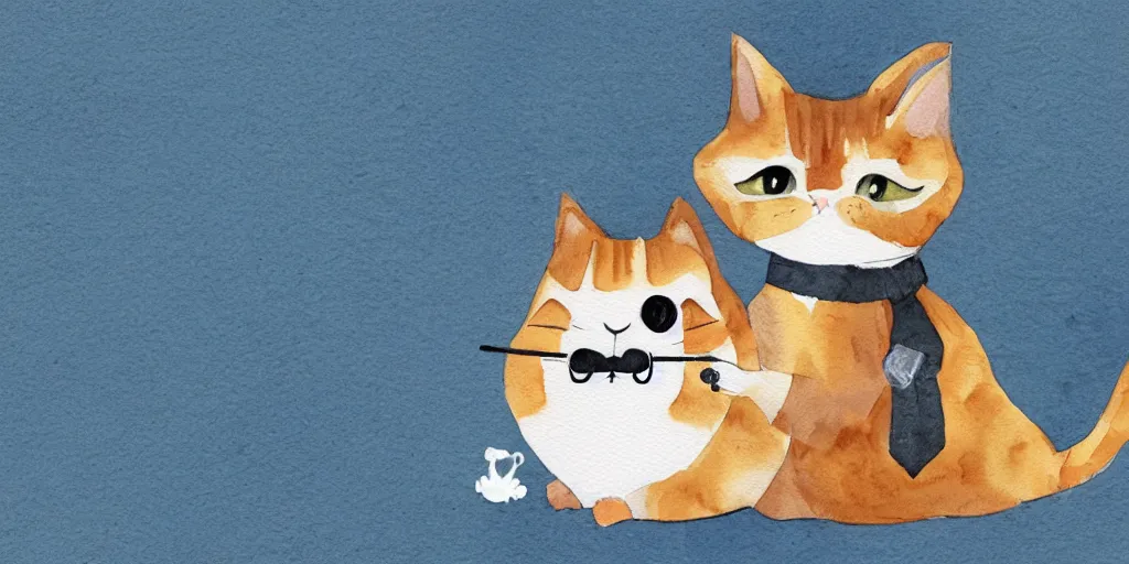 Image similar to watercolor illustration style, cute cat detective with moustache