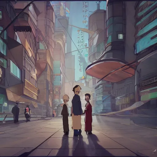 Image similar to a couple of people standing next to each other, concept art by miyazaki, tumblr contest winner, cubo - futurism, official art, concept art, 2 d game art