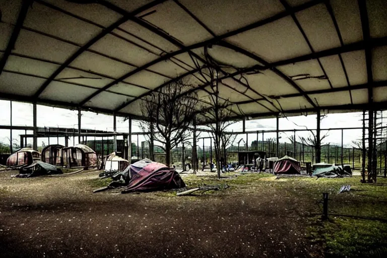 Prompt: post apocalyptic over grown leisure centre being used as shelter, night!!!!, barrel fires and tents, low light