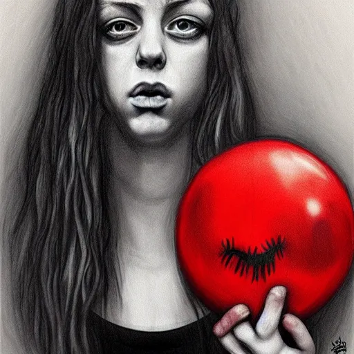 Image similar to surrealism grunge cartoon portrait sketch of billie eilish with a wide smile and a red balloon by - michael karcz, loony toons style, mona lisa style, horror theme, detailed, elegant, intricate