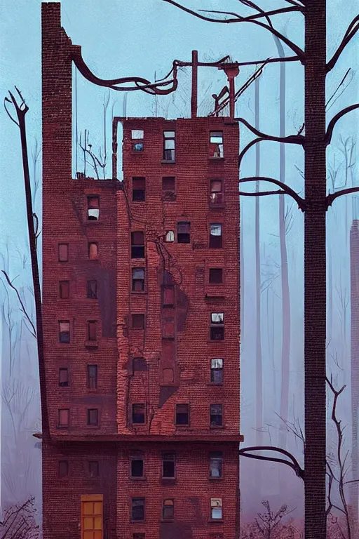 Image similar to (((((a ramshackle manhattan brick brownstone deep in the forest))))) by Simon Stalenhag!!!!!!!!!!!!!!!!!!!!!!!!!!!