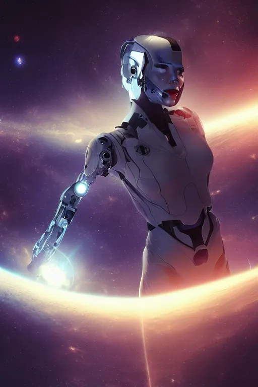 Image similar to woman cyborg floating in space letting go of reality and experiencing the quantum feild, matte painting comic book art, cinematic, highly detailed, realistic, beautiful cosmic neural network, octane render, unreal engine, depth of field, trending on artstation, sharp focus, philosophical splashes of colors