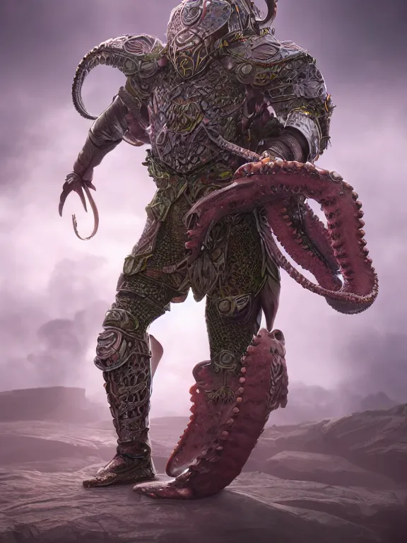 Image similar to full body frontview portrait of a fighter in octopus inspired armour, d & d character design, designed in blender, 8 k hd, octane render, intricate and highly detailed, coloured with lots of colour, pose, fantasy, sharp focus, realistic, volumetric lighting