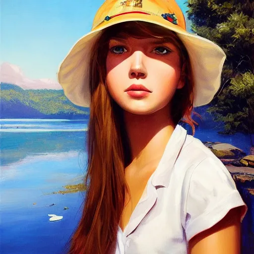 Image similar to oil painting by ilya kuvshinov,, baugh casey, artgerm craig mullins, coby whitmore, of a youthful white girl, long hair, fishing and wearing fisherman's outfit, fisherman's hat, highly detailed, breathtaking face, studio photography, noon, intense bounced light, water reflection, large tree casting shadow, serine intense sunlight