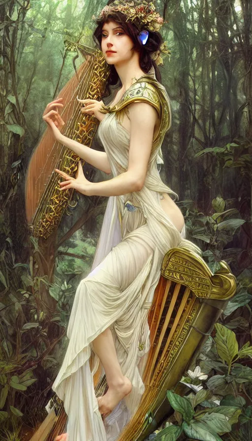 Image similar to portrait of queen of the elves playing a harp, ethereal, expressive pose, intricate dress, fantasy, intricate, forest background, highly detailed, digital painting, artstation, concept art, smooth, sharp focus, illustration, art by artgerm and greg rutkowski and alphonse mucha