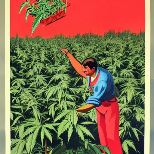 Image similar to a soviet propaganda poster of people harvesting cannabis plants