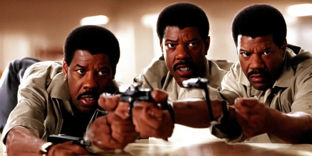 Prompt: Denzel Washington as Jules Winnfield in 'Pulp Fiction 2: The Enemy Within' (2004), movie still frame