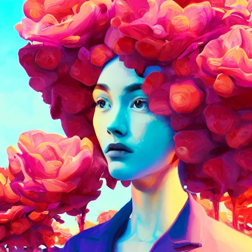 Image similar to closeup, giant rose flower head, portrait, girl in a suit, surreal photography, sunrise, blue sky, dramatic light, impressionist painting, digital painting, artstation, simon stalenhag