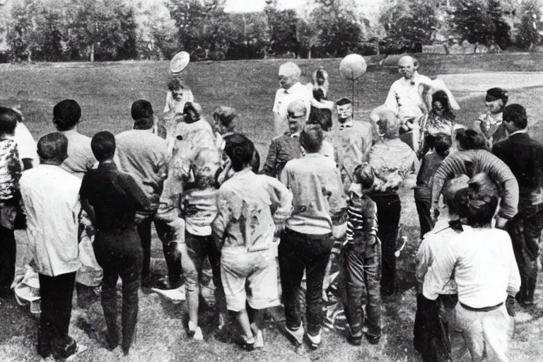 Image similar to an old photo of people looking at metal saucer flying in the skin on the neighborhood