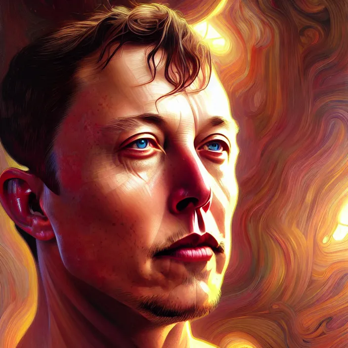 Prompt: portrait of Elon Musk organic cyborg, diffuse lighting, fantasy, intricate, elegant, highly detailed, lifelike, photorealistic, digital painting, artstation, illustration, concept art, smooth, sharp focus, art by John Collier and Albert Aublet and Krenz Cushart and Artem Demura and Alphonse Mucha