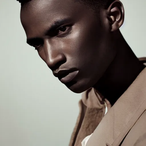 Image similar to a muted colors natural make-up portrait Photograph of a male black model, editorial story, Vogue France, editorial photographer by Peter Gehrke