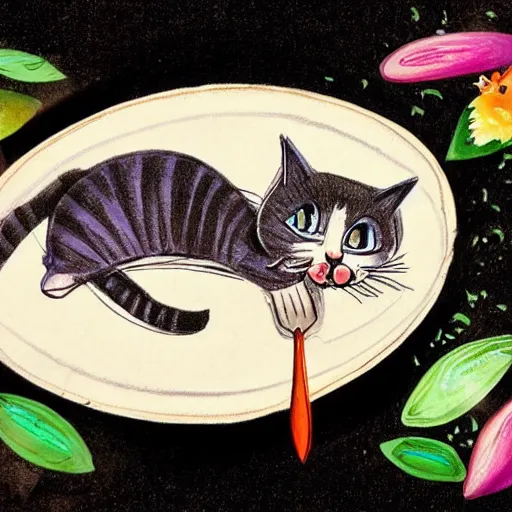 Prompt: cats slicing open fish on a platter in maiden outifts. Cute drawing, colorful deep meaning trending on artstation.