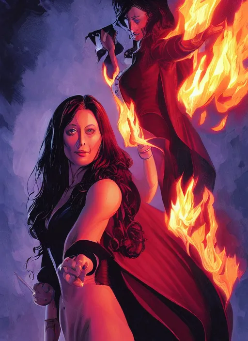 Image similar to a 8K DC comic of Prue Halliwell as Zatanna from DC comics , wavy hair . D&D style, sharp definition, surrounded by flames. Art by by Greg Rutkowski and Dan Mumford.