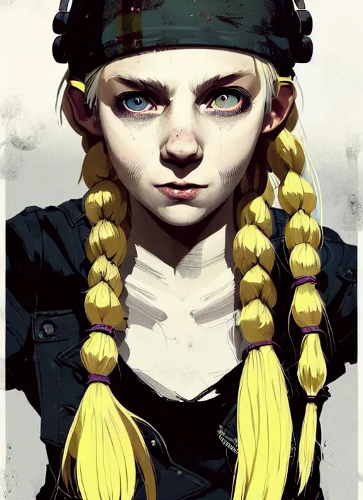 Image similar to highly detailed closeup portrait of a sewer punk pretty swedish female road warrior student, tartan garment, blonde hair pigtails with headband by atey ghailan, by greg rutkowski, by greg tocchini, by james gilleard, by joe fenton, by kaethe butcher, gradient yellow, black, brown and white color scheme, grunge aesthetic!!! white graffiti tag wall background