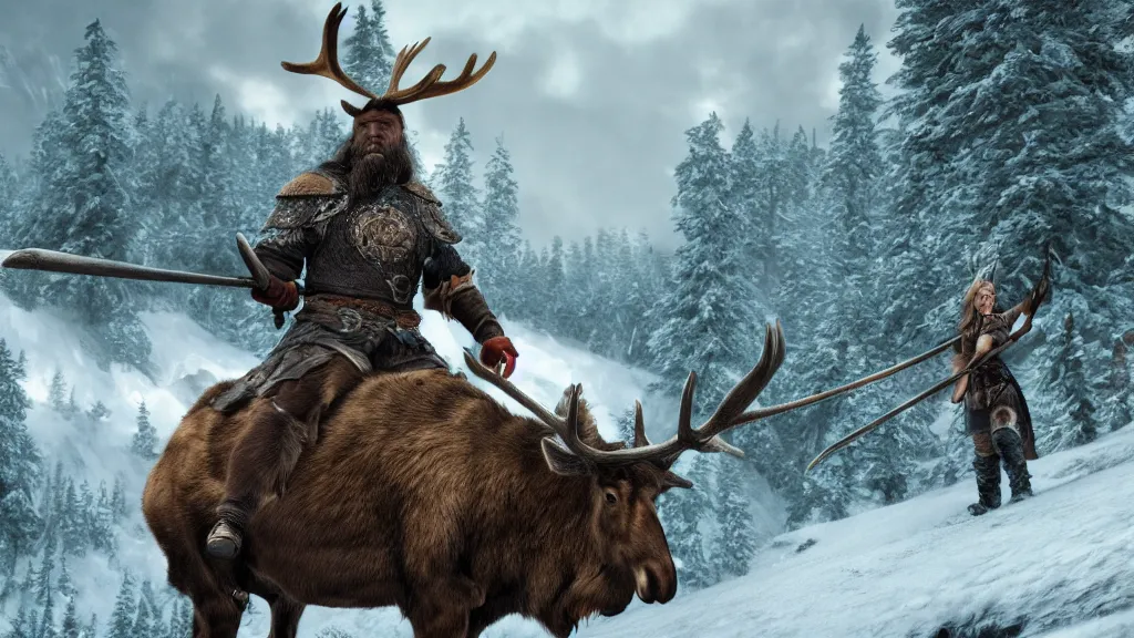 Prompt: a viking riding a moose, fantasy artwork, nordic scenery, snowy green mountain, hd, hdr, ue 5, ue 6, unreal engine 5, cinematic 4 k wallpaper, 8 k, ultra detailed, high resolution, artstation, award winning