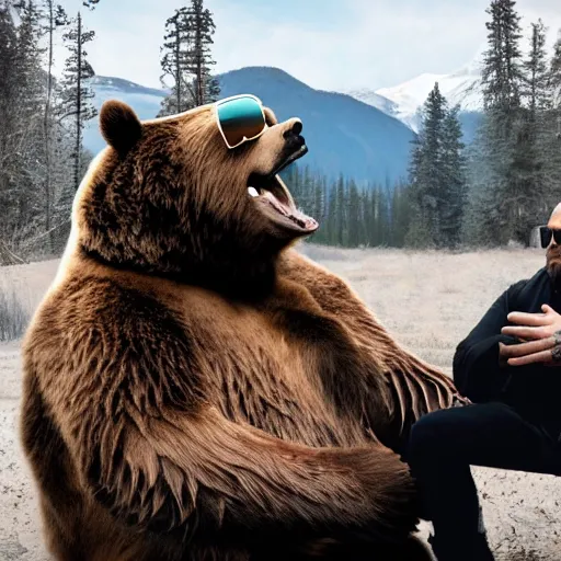 Prompt: Photo of an oversized grizzly bear wearing sunglasses and a leather jacket being interviewed on the Joe Rogan podcast experience, cinematic view, 8K UHD