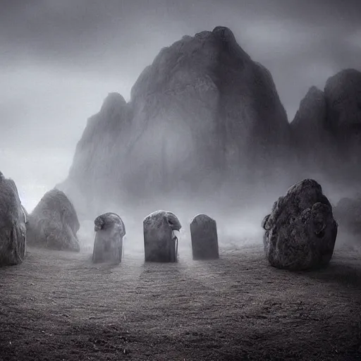 Prompt: A beautiful art installation of a coffin being carried by six men through an ethereal, otherworldly landscape. The coffin is adorned with a relief of a skull and crossbones, and the men are all wearing hooded cloaks. The landscape is eerie and foreboding, with jagged rocks and eerie, glowing plants. slow shutter speed by Jeffrey Smith haunting